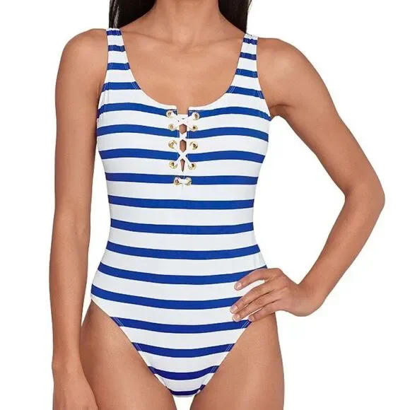 NWT Lauren Ralph Lauren Striped Lace-Up One-Piece - Picture 1 of 7